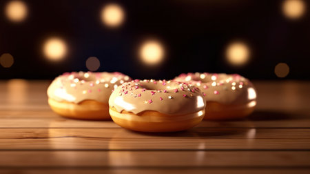assortment of donuts with icing with an American flag pattern on the icing, on a wooden table against the backdrop of festive illumination. Donut Day in the USA. Generative AIの素材