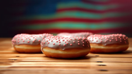 assortment of donuts with icing with the American flag pattern on the icing, on a wooden table against the background of the American flag. Donut Day in the USA. Generative AIの素材