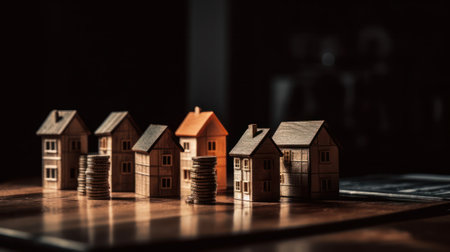 small houses and stacks of coins stand on a paper contract, mortgage and real estate insurance. Generative AIの素材
