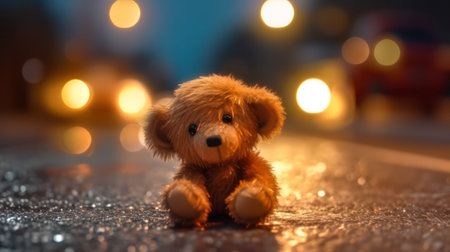 a small teddy bear on a wet slippery road after rain against the background of car headlights. danger on the road.car accident. life and health insurance concept. Generative AIの素材