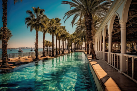 Promenade Limassol beautiful with palm trees in Cyprus with swimming pools in the park on the seashore. Generative AIの素材