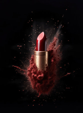 Designer lipstick on the background of a powerful explosion of red powder, Generative AIの素材