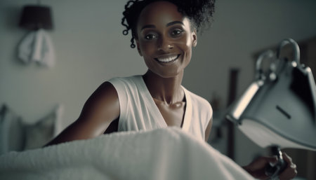 a young beautiful black woman does household chores.sews. generative AIの素材