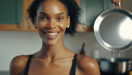 a young beautiful black woman does household chores. in the kitchen. generative AIの素材
