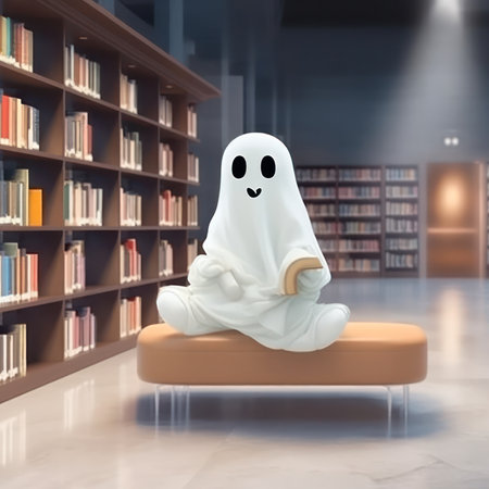 cute and funny ghost reading a book .Generative AIの素材