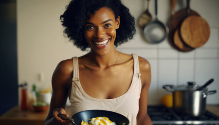 a young beautiful black woman does household chores. in the kitchen. generative AIの素材