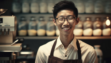 young male barista smiling and looking at camera. generative AIの素材