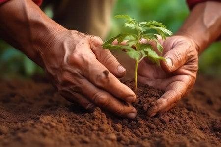 Human hands carefully plant tomato sprouts. Farming and planting concept. Generative AIの素材