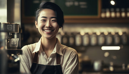 young barista female smiling and looking at the camera. generative AIの素材