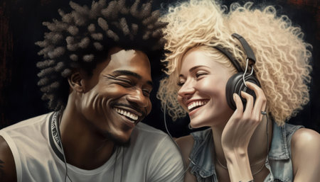 young multiracial beautiful and happy man and woman in headphones listening to music. generative AIの素材