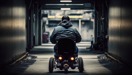 a disabled person in a motorized wheelchair rides on the road. concept of support for people with disabilities. generative AIの素材
