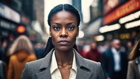 young serious black business woman in a suit on a city street. generative AIの素材