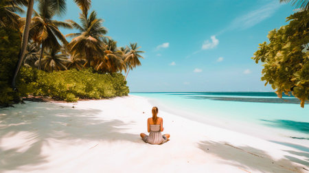 a girl meditates on a tropical island on the shore under palm trees on a sunny day. Taking care of yourself and your health. Generative AIの素材