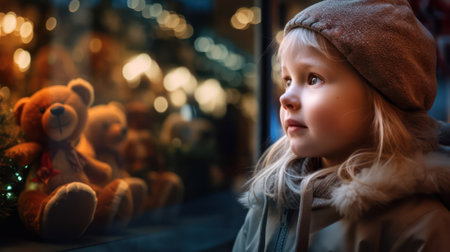 a little girl with a bear in her hands in warm clothes stands in front of a shop window with toys. festive illumination. Generative AIの素材