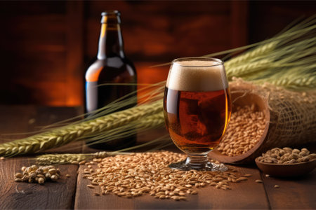 Mug of beer with wheat, barley and barrels on background. Still life. Copy space. Ai generated. Generative AIの素材