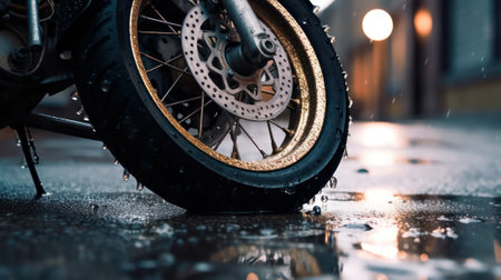 Close-up of a motorcycle accident on the city street.broken motorcycle on the roadway.motorcycle wheel after an accident on the road. life insurance and protection concept.Generative AIの素材