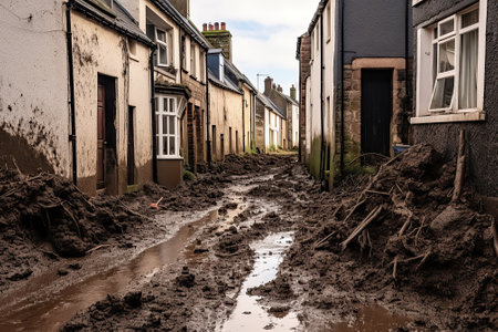 houses and the street are filled with mud after the mudflow. the concept of property insurance against accident and natural disaster.Generative AIの素材