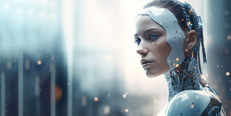 android is in the virtual world. Internet. artificial intelligence. replacing a human with a robot. access to the virtual world. generative AIの素材
