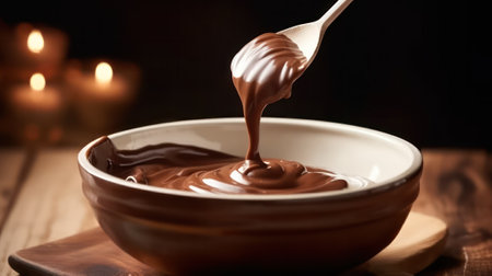 freshly made chocolate cream paste with nuts on a wooden table. Country style.world chocolate day.Generative AIの素材