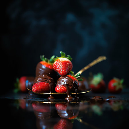 a slide of strawberries poured with hot chocolate on a black background. world chocolate day.Generative AIの素材