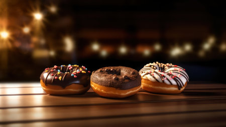 assortment of donuts with icing with an American flag pattern on the icing, on a wooden table against the backdrop of festive illumination. Donut Day in the USA. Generative AIの素材