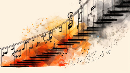 abstract background steps staircase going up with musical signs hovering in the air.the concept of creating music and melody. Generative AIの素材
