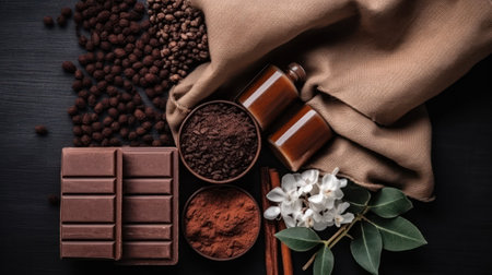 natural cosmetic. Spa skin care ingredients for chocolate wraps. Cocoa powder, chocolate, milk, cinnamon, clean and towels close-up on a dark background. Generative AIの素材