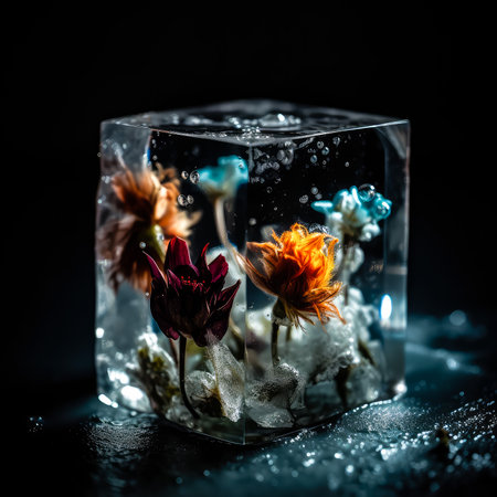 ice cube with different colors inside on black background. Generative AIの素材