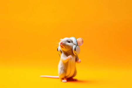 cute little mouse in headphones on a yellow background. copy space. postcard. place for your text.Generative AIの素材