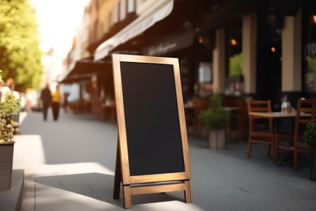 Signboard on the street. Empty menu board stand. Restaurant sidewalk chalkboard sign board. Freestanding A-frame blackboard near outdoor cafe. Copyspace for text, selective focus. Generative AIの素材