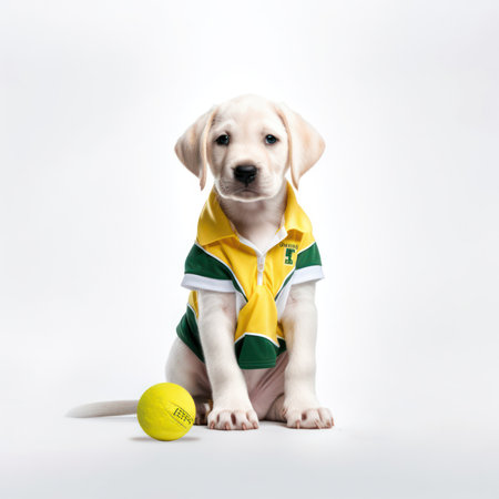 cute labrador puppy in tennis clothes on a white background. Generative AIの素材