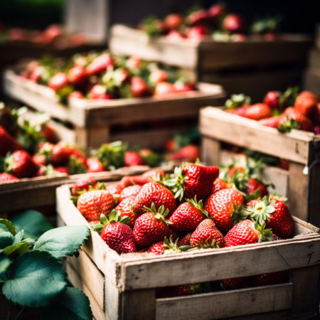 Many fresh red strawberries in wooden baskets after harvest on organic strawberry farm. Strawberries ready for export. Agriculture and ecological fruit farming concept. Generative AIの素材