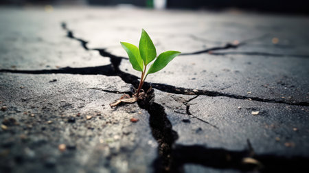The sprout made its way through the cracked asphalt. life force concept.Generative AIの素材