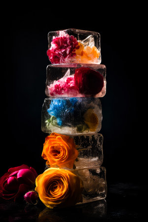 high stack of different ice cubes with flowers inside on a black background. Generative AIの素材