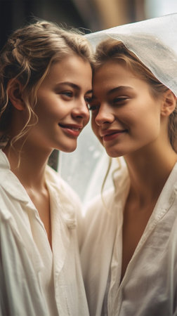 two beautiful female girlfriends in white dresses are happy in the rain. Generative AIの素材