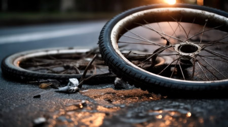 Close-up of a bicycle accident on the city street.broken bike on the roadway.bicycle wheel after an accident on the road. life insurance and protection concept.Generative AIの素材