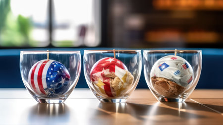 Assorted ice cream in balls with colors of the American flag in glass bowls on a wooden table against the backdrop of a cafe. Ice Cream Day. Generative AIの素材