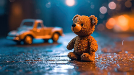 a small teddy bear on a wet slippery road after rain against the background of car headlights. danger on the road.car accident. life and health insurance concept. Generative AIの素材