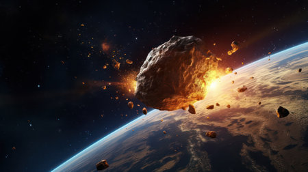 The asteroid flies at high speed near the earths orbit. A meteorite is approaching Earth. fire is caused by passage through the upper atmosphere. Generative AIの素材