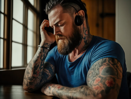 caucasian man in tattoos in headphones listens to music. generative AI. generative AIの素材