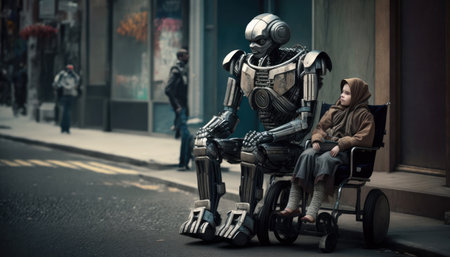 Futuristic plot, a old robot in the city accompanies a person. generative AIの素材