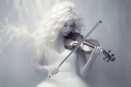 abstract white background with the image of a young woman enjoying playing the violin .Music Day. Generative AIの素材