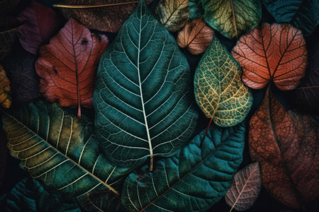 background of colored leaves of different plants. Generative AIの素材
