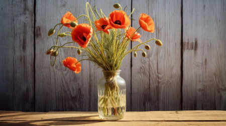 Poppy bouquet in a glass jar on a table in a farm yard.rustic style. Generative AIの素材