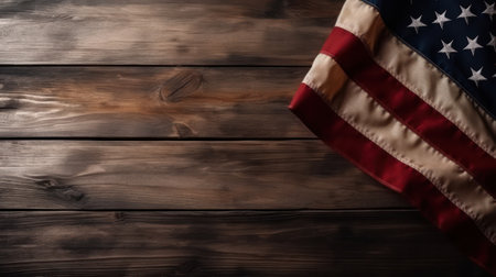 star striped flag of the USA on rough dark wooden surface with blank space for text. Generative AIの素材