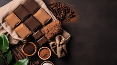 natural cosmetic. Spa skin care ingredients for chocolate wraps. Cocoa powder, chocolate, milk, cinnamon, clean and towels close-up on a dark background. Generative AIの素材