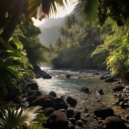 a beautiful view of nature on a Hawaiian black sand beach. Generative AIの素材