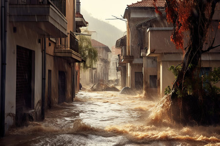 high water level on a city European street from a flood, after a downpour or an avalanche. The concept of natural disaster insurance and life and property insurance.Generative AIの素材