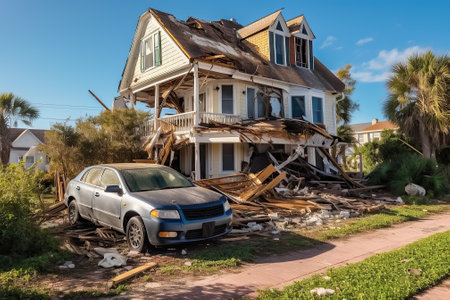 the house is destroyed by a hurricane on the seashore. storm, tornado, natural disaster. the concept of property insurance against accident and natural disaster.Generative AIの素材