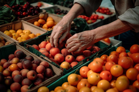 Close-up of hands arranging or picking fruit at a fruit market.Generative AIの素材